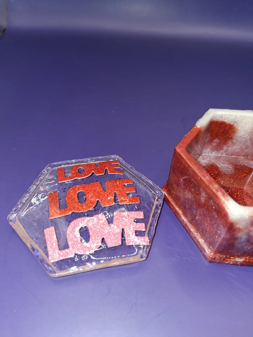 Hexagonal Trinket Box with Red 'LOVE' Design